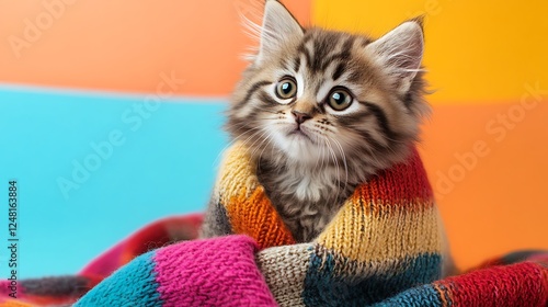 Fuzzy kitten in a patchwork scarf isolated on a colorful background