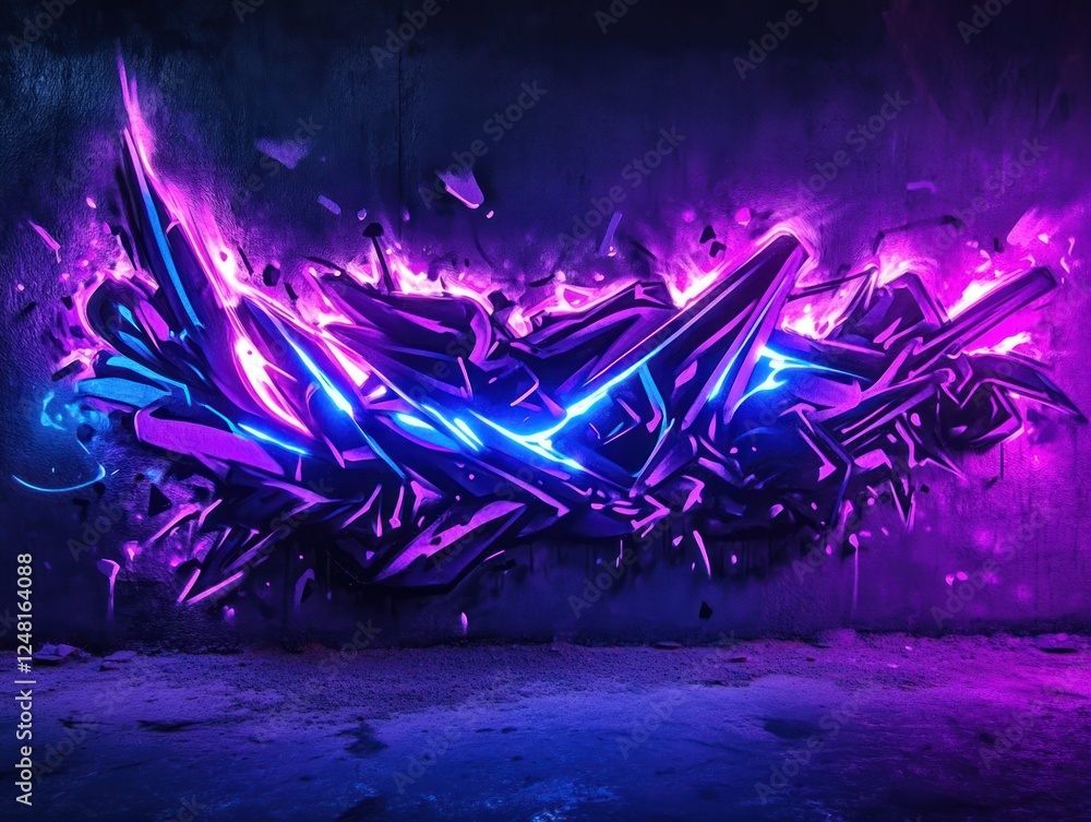 Fototapeta premium Glowing purple graffiti art on dark wall, urban background, for gaming or music visuals