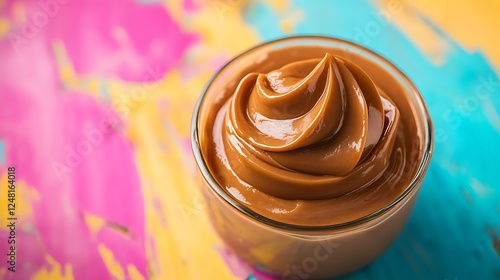 Obraz na płótnie Ganache with salted caramel taste cream to fill or decorate desserts or cakes isolated on a colorful background w salonie
