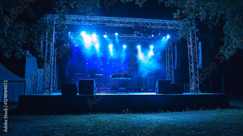 Night music concert stage for outdoor festival show vector background. Open air public performance event near road. Street summer comedian stand with mic and spotlight illumination cartoon scene