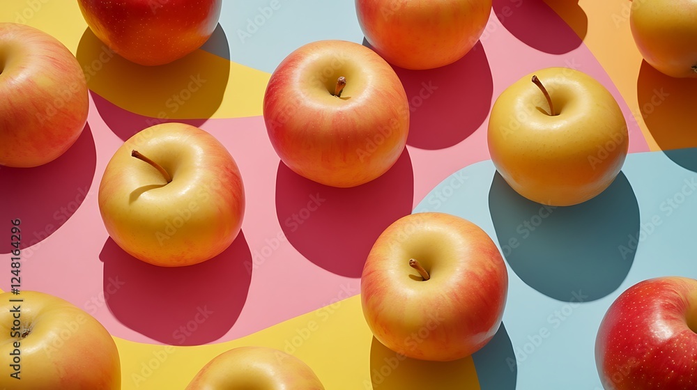 Golden delicious and jazz apples at harvest isolated on a colorful background