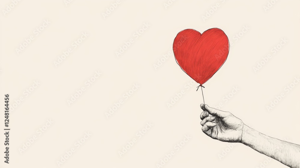 Hand holding a heart-shaped balloon, minimalist drawing, light background. Possible use social media post, greeting card, website banner Hand holding a heart-shaped balloon, minimalist drawing, light background. Possible use social media post, greeting card, website banner