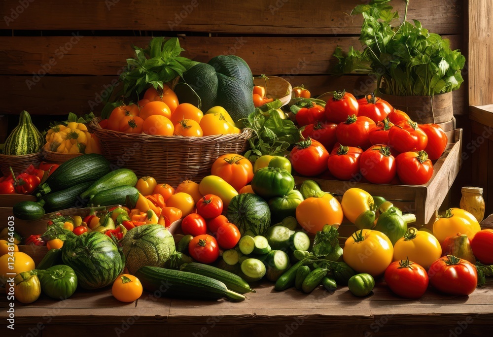 vibrant produce display featuring colorful fresh fruits vegetables showcasing bounty eye catching arrangement, organic, market, harvest, healthy, nutrition vibrant produce display featuring colorful fresh fruits vegetables showcasing bounty eye catching arrangement, organic, market, harvest, healthy, nutrition