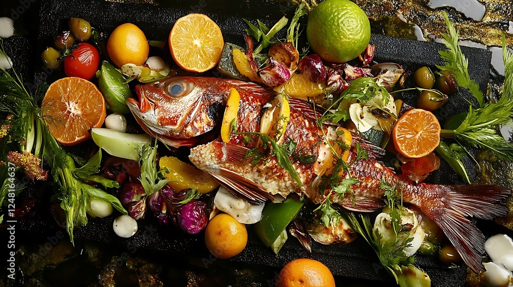 Grilled fish with citrus and vegetables on a barbeque barbecue