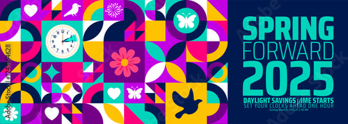 Wallpaper Mural Spring Forward concept 2025 geometric shape pattern background or banner design. Daylight Saving Time Starts background with cartoon doodle style with funny clock flower. Torontodigital.ca