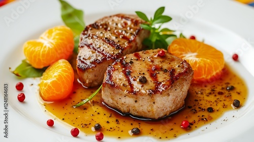 Obraz na płótnie Grilled pork loin medallions in a luscious orange sauce on a white plate with colorful orange sections and red peppercorns as garnish isolated on a colorful background w salonie