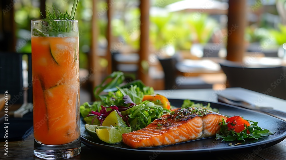 Grilled salmon served with a refreshing drink and salads