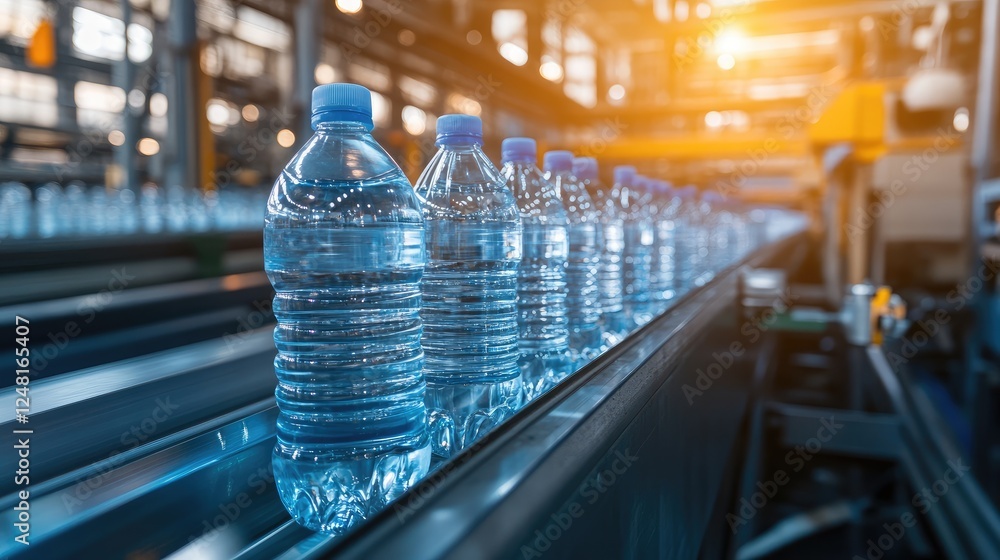 Plastic bottles are transported on a conveyor belt inside a recycling plant, being processed for reuse, symbolizing the ongoing efforts to support environmental sustainability. Plastic bottles are transported on a conveyor belt inside a recycling plant, being processed for reuse, symbolizing the ongoing efforts to support environmental sustainability.