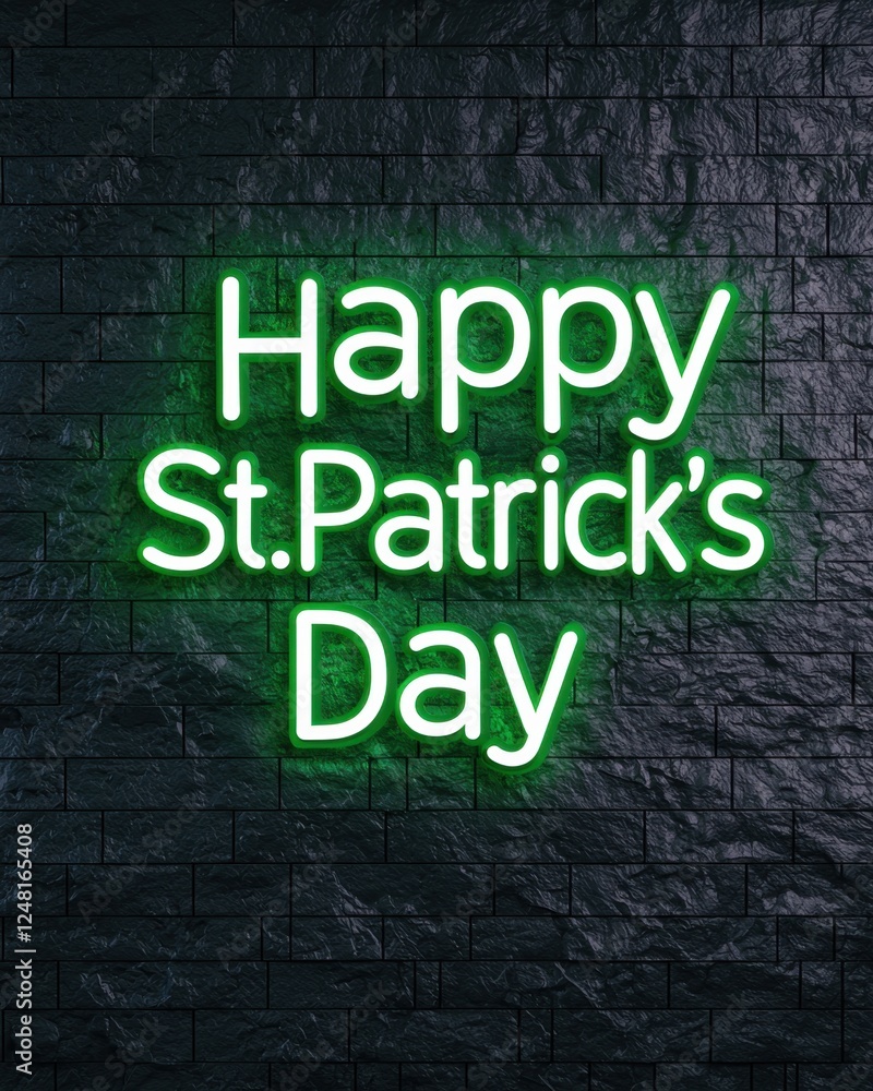 Neon glowing St. Patrick's Day sign concept. Happy St Patrick's Day neon sign on a dark wall Neon glowing St. Patrick's Day sign concept. Happy St Patrick's Day neon sign on a dark wall