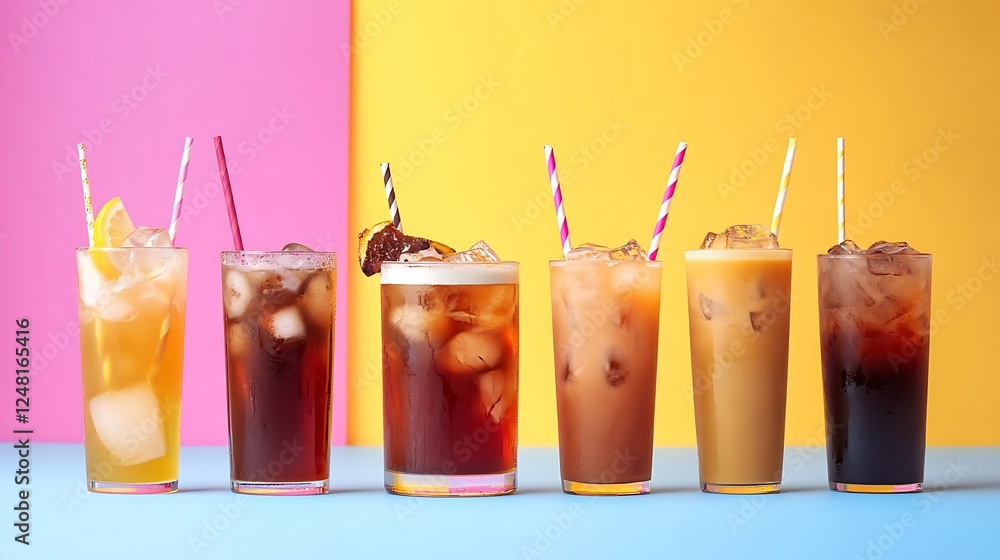 Group of assorted iced tea drinks with iced latte with disposable straw isolated on a colorful background