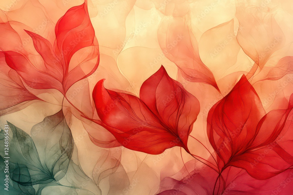 Artistic summer pattern with red and beige flower-leaf motifs and a flowing watercolor-inspired effect. Artistic summer pattern with red and beige flower-leaf motifs and a flowing watercolor-inspired effect.
