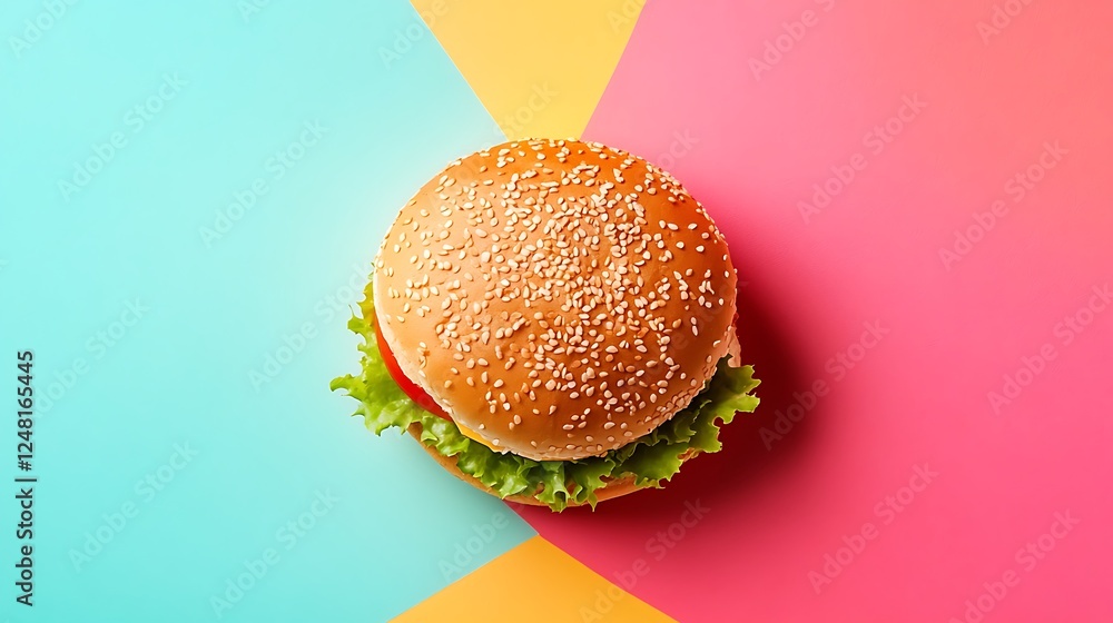 Hamburger on the table isolated on a colorful background