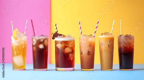 Obraz na płótnie Group of assorted iced tea drinks with iced latte with disposable straw isolated on a colorful background w salonie