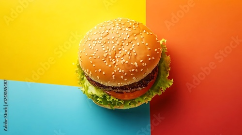 Hamburger on the table isolated on a colorful background