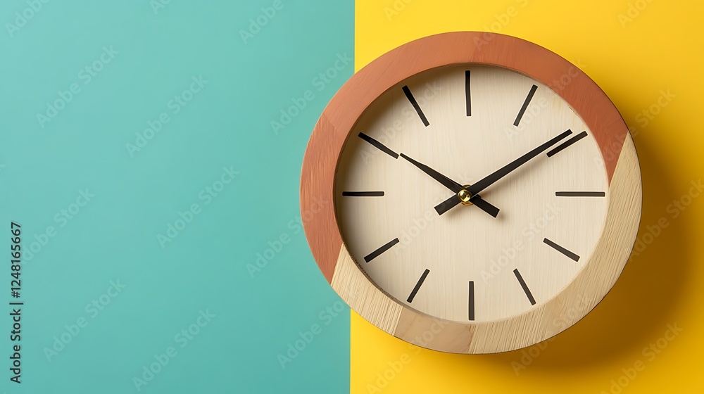 Handcrafted wooden clock paired with a rugby sevens ball isolated on a colorful background