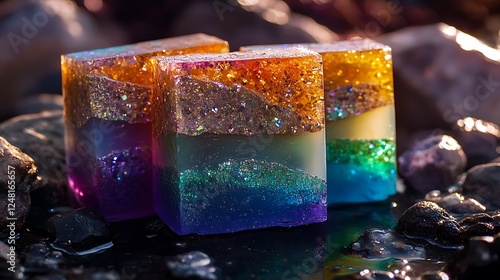 Obraz na płótnie Handcrafted soap beads with a backdrop of solitary colors w salonie