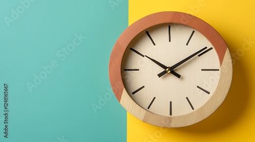 Obraz na płótnie Handcrafted wooden clock paired with a rugby sevens ball isolated on a colorful background w salonie