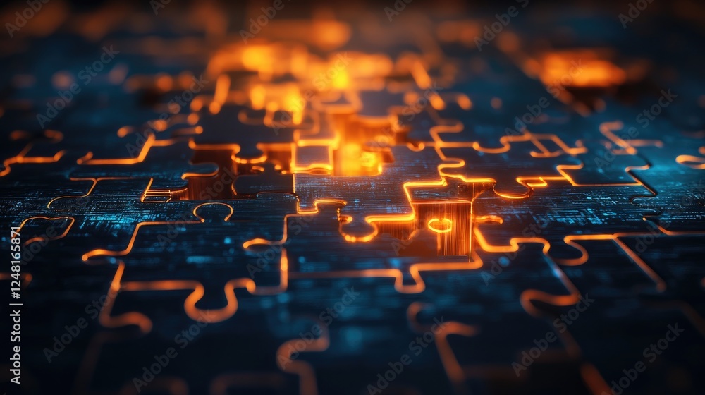 Puzzle pieces glowing and connecting in a futuristic setting, symbolizing the power of collaboration, technology, and global communication to drive innovation and progress. Puzzle pieces glowing and connecting in a futuristic setting, symbolizing the power of collaboration, technology, and global communication to drive innovation and progress.