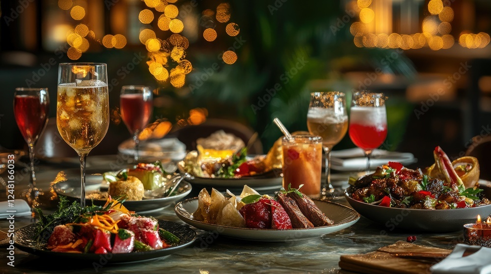 Elegant Dinner Table Setting with Assorted Dishes and Drinks Elegant Dinner Table Setting with Assorted Dishes and Drinks