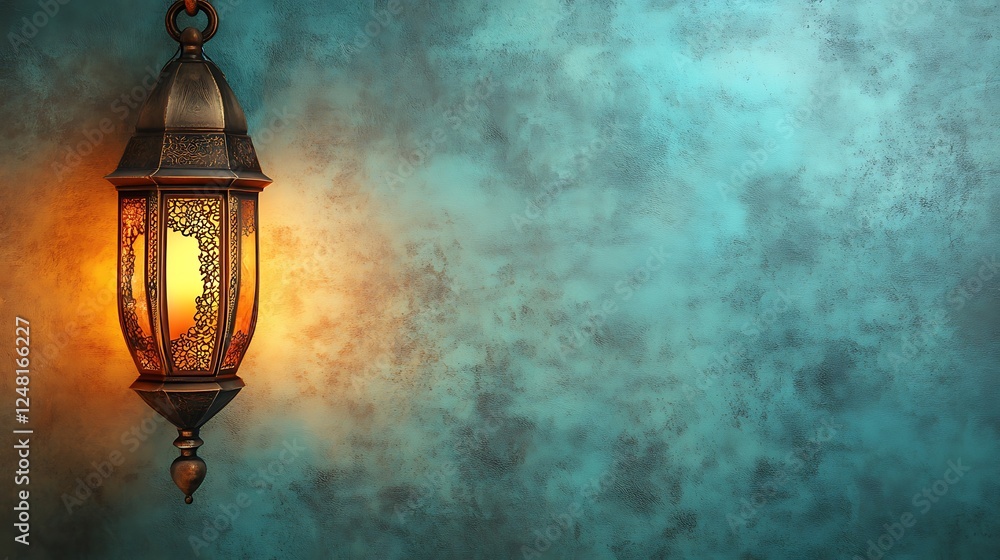 Illuminated Metal Lantern Against Textured Teal Wall Illuminated Metal Lantern Against Textured Teal Wall
