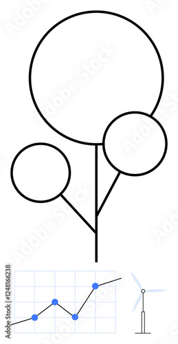 Minimal abstract tree lines, growth chart with data points, wind turbine. Ideal for sustainability, nature, renewable energy, economic growth, innovation, eco-tech abstract line flat metaphor