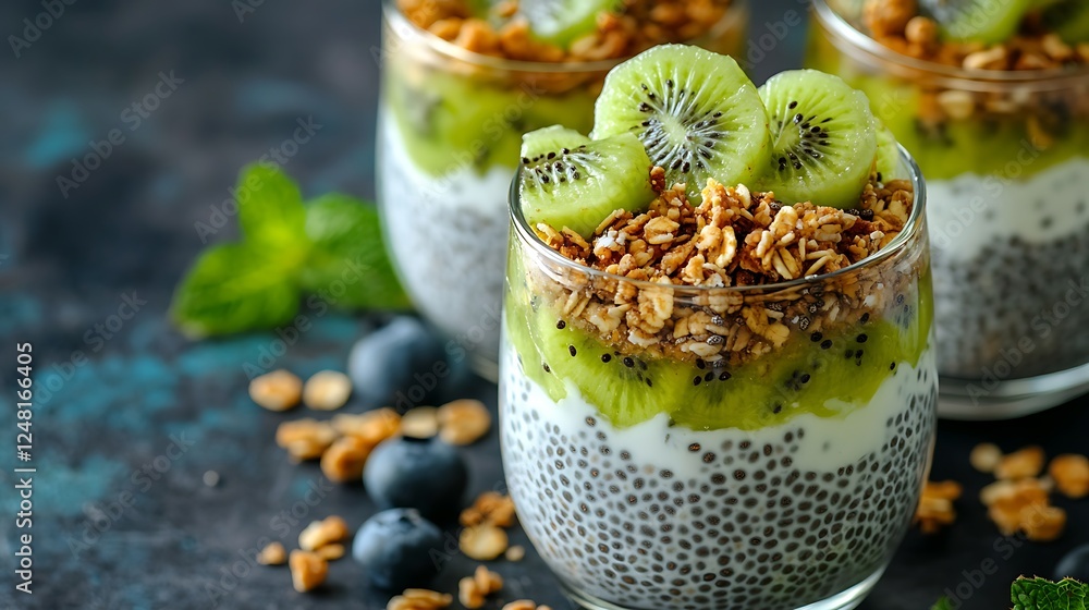 Healthy breakfast chia pudding with kiwi and granola in glass isolated on a colorful background