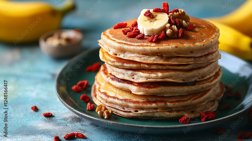 Healthy breakfast table homemade pancakes with banana goji and walnuts isolated on a colorful background