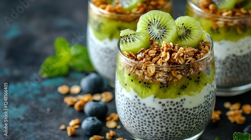 Obraz na płótnie Healthy breakfast chia pudding with kiwi and granola in glass isolated on a colorful background w salonie