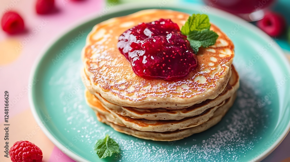 Healthy gluten free oatmeal egg and banana pancakes with homemade raspberry jam isolated on a colorful background