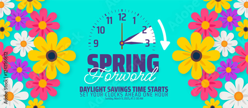Spring Forward concept 2025 background or banner design. Daylight Saving Time Starts background and cartoon doodle style with clock design.