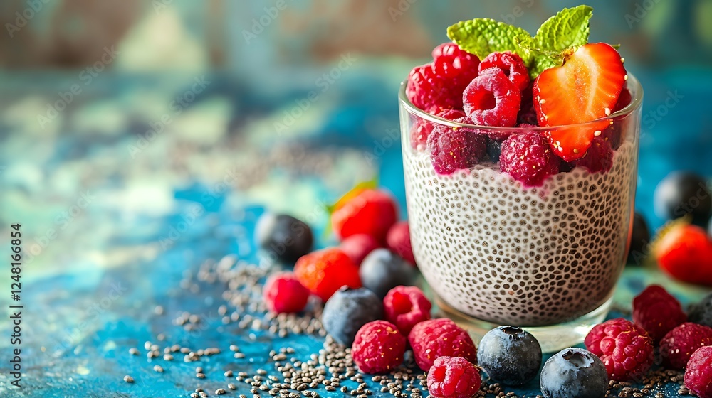 Healthy vanilla chia pudding in glass with fresh berries on vintage concrete table isolated on a colorful background