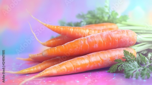 Obraz na płótnie Heap of ripe carrots with leaves isolated on a colorful background w salonie