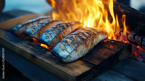 Obraz na płótnie Heating marinated mackerel fillets over the fire on a wood deck w salonie