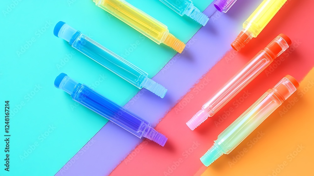Highlighter markers with titration burettes isolated on a colorful background