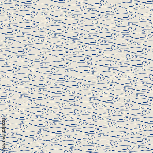 Fish swarm vector seamless pattern for wallpaper design, backgrounds, scrapbooking, wrapping, package. Cute flat illustration of sealife. Fisherman aesthetic.