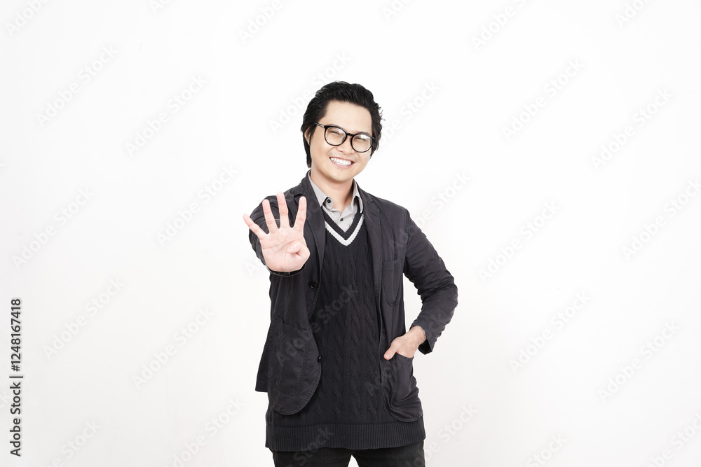 Smiling and showing counting finger, Four Finger Of Handsome Asian Man Isolated On White Background Smiling and showing counting finger, Four Finger Of Handsome Asian Man Isolated On White Background