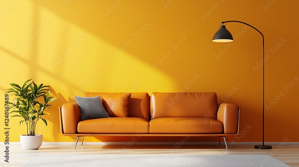 Home interior with brown leather sofa empty wall and floor lamp isolated on a colorful background