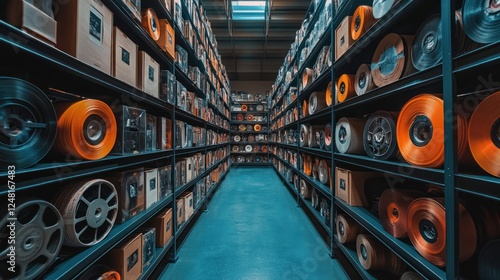 Film Archive: Rows of Organized Reels and Boxes on Industrial Shelves photo