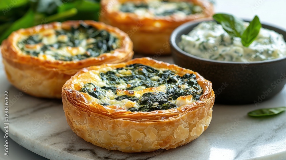 Mini spinach and feta tarts baked in flaky phyllo pastry, served with a creamy herb dip on a marble surface with fresh greens in the background Mini spinach and feta tarts baked in flaky phyllo pastry, served with a creamy herb dip on a marble surface with fresh greens in the background