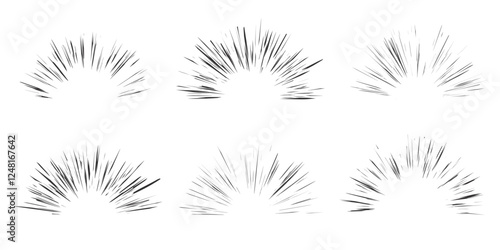 Explosion speed lines. Comic radial burst on white background. Vector manga motion elements of burst. Superhero frame, glow and power rays. Sparks of abstract bang roar and scream