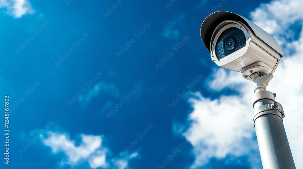 A high-quality security camera stands against a clear blue sky, representing surveillance and safety in modern society. A high-quality security camera stands against a clear blue sky, representing surveillance and safety in modern society.