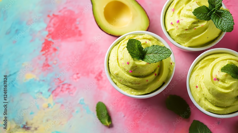 Homemade avocado mousse with mint isolated on a colorful background