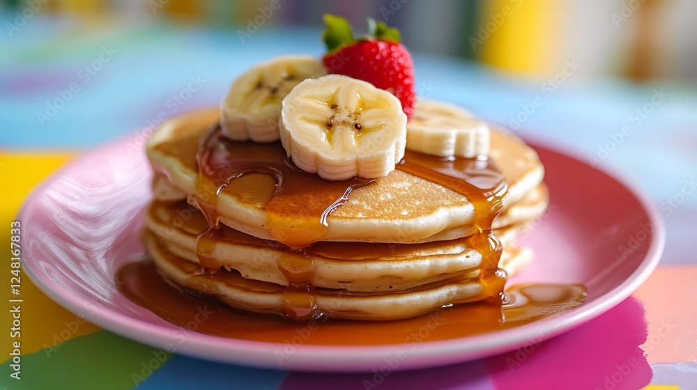 Homemade banana pancakes with caramel sauce isolated on a colorful background