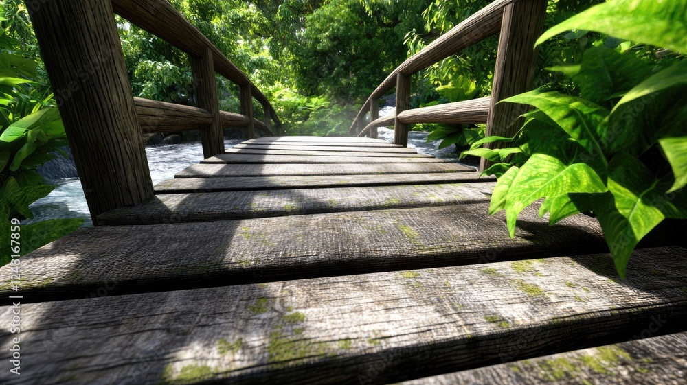 Wooden bridge over peaceful forest stream surrounded by lush greenery