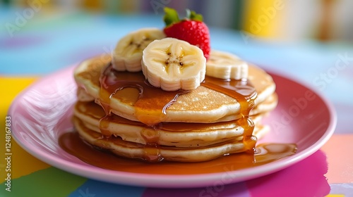 Homemade banana pancakes with caramel sauce isolated on a colorful background
