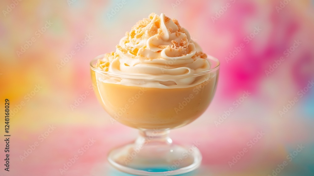 Homemade butterscotch pudding in glass cream bowl on the table isolated on a colorful background