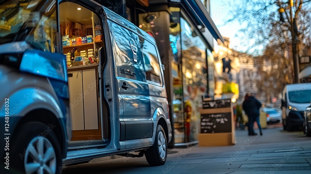 Obraz premium A modern delivery van parked on a city street, showcasing a vibrant urban environment during a sunny day.