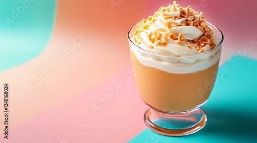 Obraz na płótnie Homemade butterscotch pudding in glass cream bowl on the table isolated on a colorful background w salonie