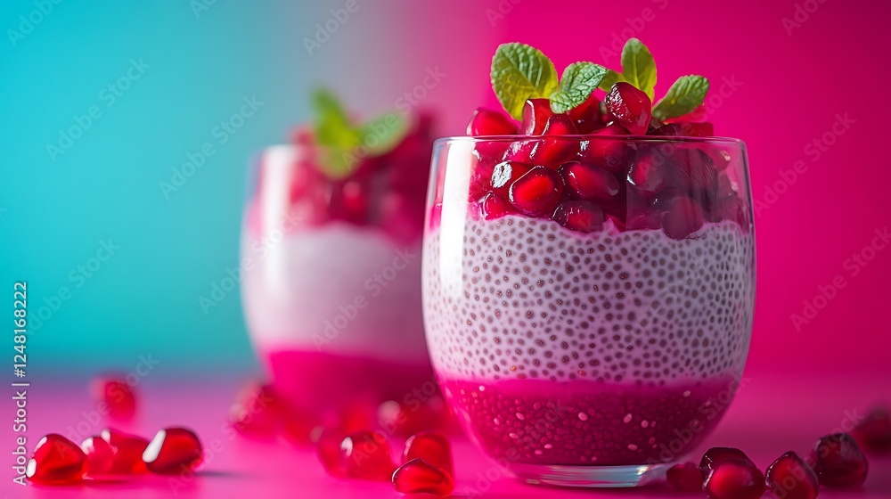 Homemade fresh chia seed pudding with pomegranate seeds isolated on a colorful background
