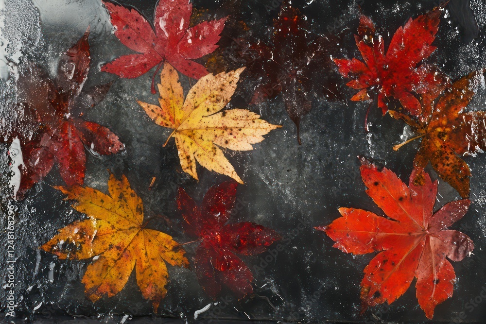 Bright autumn leaves pressed against a wet glass pane, with water droplets adding texture. Bright autumn leaves pressed against a wet glass pane, with water droplets adding texture.